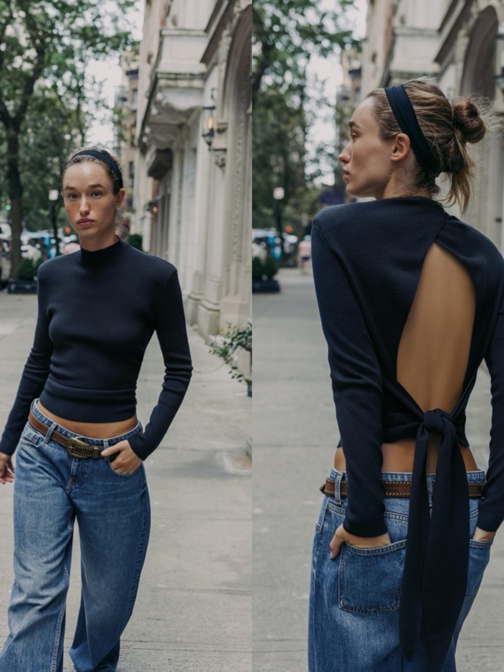 Zara Navy Knit Turtleneck Top Open Back